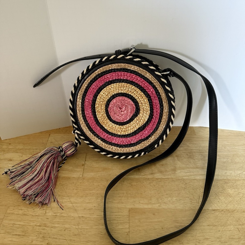 Rebecca Minkoff Wicker Crossbody Bag Purse Pink Black Beige Concentric Circle